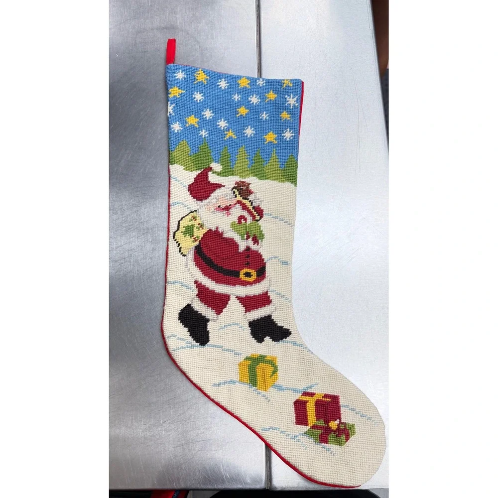 Steinwinder Enterprises Vintage Needlepoint Santa Claus Christmas Stocking Red